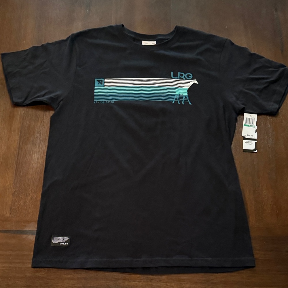 LRG Black Tee with Teal and White Striped Fox Graphic